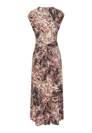 Varrukateta pahkluu pikkune kleit, millel on tihe vöökoht ja keerukas paisley muster pruunides, beežides, mustades ja roosades toonides.