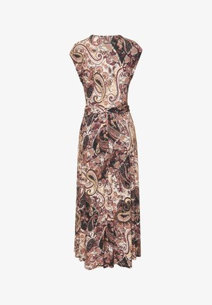 Varrukateta pahkluu pikkune kleit, millel on tihe vöökoht ja keerukas paisley muster pruunides, beežides, mustades ja roosades toonides.