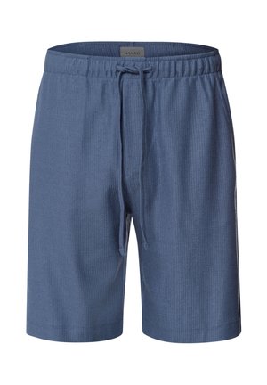 Shorts da lounge in cotone blu misto, con texture a costine verticali, vita elastica e cordoncino regolabile. Senza tasche o hardware visibile.
