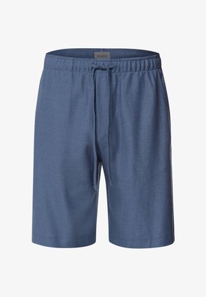Shorts da lounge in cotone blu misto, con texture a costine verticali, vita elastica e cordoncino regolabile. Senza tasche o hardware visibile.
