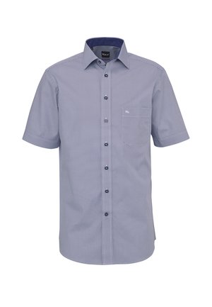 Kurzärmeliges Hemd zum Knöpfen mit kleinem geometrischem Muster in Marineblau und Weiß, mit spitzem Kragen und Brusttasche.