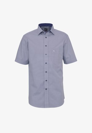Kurzärmeliges Hemd zum Knöpfen mit kleinem geometrischem Muster in Marineblau und Weiß, mit spitzem Kragen und Brusttasche.