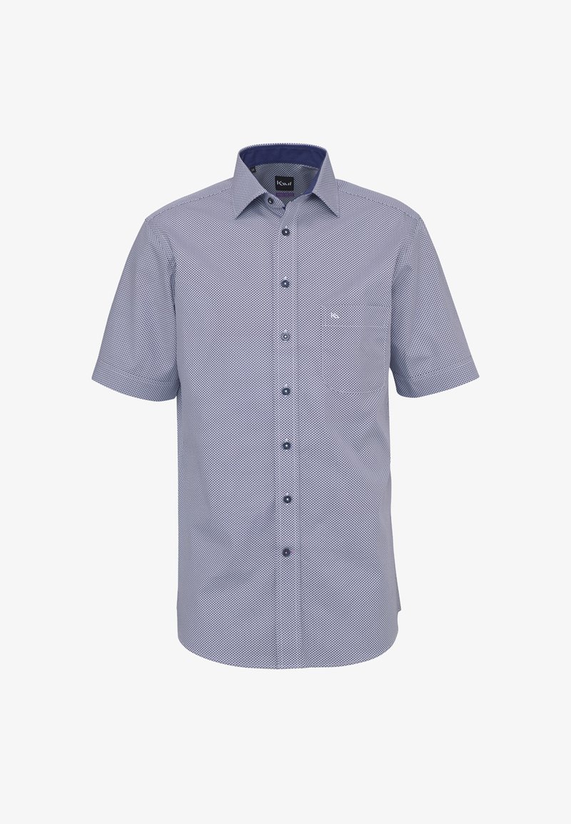 Chemise à manches courtes à boutons avec un petit motif géométrique en marine et blanc, dotée d'un col pointu et d'une poche poitrine.