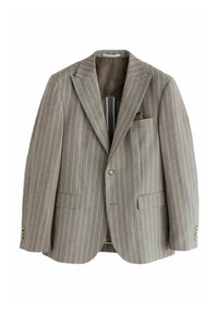 Gray striped blazer with a notched lapel. Features two front pockets and a chest pocket. Lining in a contrasting pattern. Buttoned cuffs.