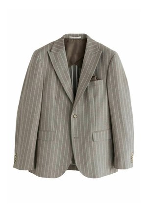 Gray striped blazer with a notched lapel. Features two front pockets and a chest pocket. Lining in a contrasting pattern. Buttoned cuffs.
