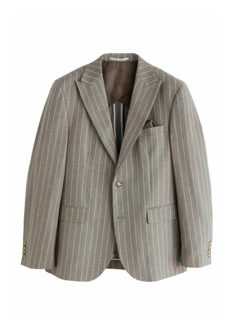 Gray striped blazer with a notched lapel. Features two front pockets and a chest pocket. Lining in a contrasting pattern. Buttoned cuffs.