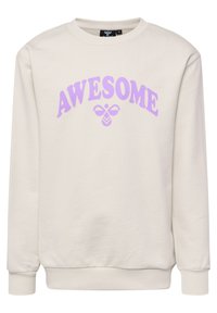 Ljusbeige sweatshirt med lila texten "AWESOME". Enkel design med rund halsringning, långa ärmar och ribbade muddar och nederkant. Slät textur.