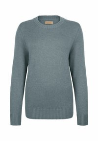 Jasnoniebieski sweter dzianinowy z okrągłym dekoltem, długimi rękawami oraz ściągaczami u rękawów i na dole, wykonany z miękkiego, teksturowanego materiału.