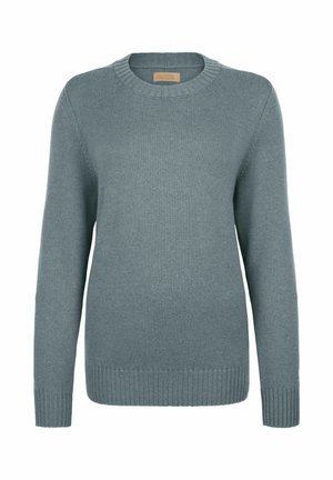Lyseblå strikket sweater med rund hals, lange ærmer og ribbede mansjetter og kant, lavet af et blødt, struktureret stof.