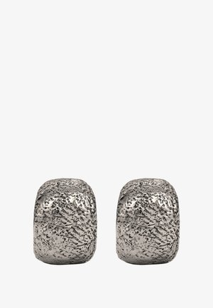 Silver metallic bookends with a textured, irregular surface and rounded edges, showcasing a polished finish and contemporary design.