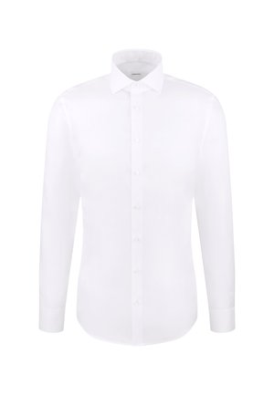 Witte mannenoverhemd met lange mouwen, puntige kraag en knopen aan de voorkant, gepresenteerd tegen een effen witte achtergrond.