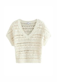 V-hals cropped sweater med korte ærmer, lavet af et cremefarvet, strikket stof med et åbent design og ribbet kant.