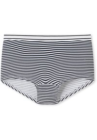 Schwarz-weiß gestreifte Boyshort-Unterwäsche mit einem weichen, elastischen Bund und einem glatten Baumwollmischgewebe. Verfügt über ein breites, bequemes Design.