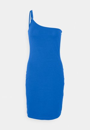 Vestido azul de um ombro só, com um design ajustado, feito de material suave, até ao joelho, apresentando um acabamento limpo e detalhes mínimos.