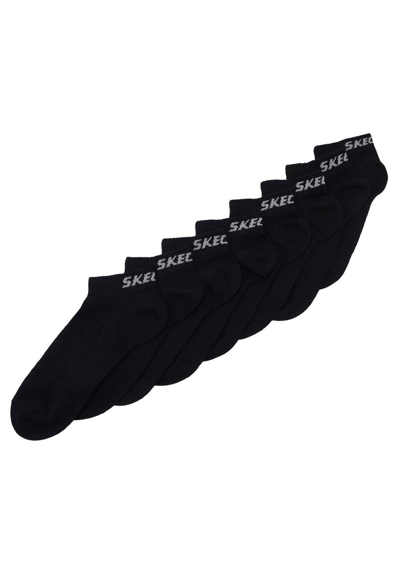 Set aus sieben schwarzen Knöchelsocken mit grauem "SKECHERS"-Logo an den Bündchen, überlappend auf einem weißen Hintergrund angeordnet.
