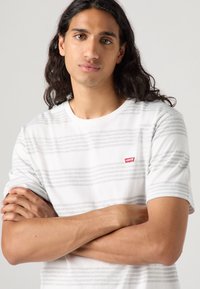 Bílé tričko s krátkým rukávem a šedými pruhy, na levém prsu je červená nášivka s logem Levi's. Materiál je bavlněný, má kulatý výstřih.