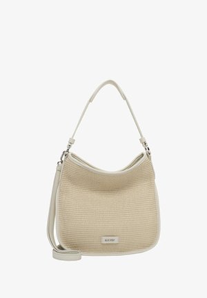 Beige vævet håndtaske med glat læderkanter, buet form, justerbar skulderrem og et diskret mærke på forsiden.