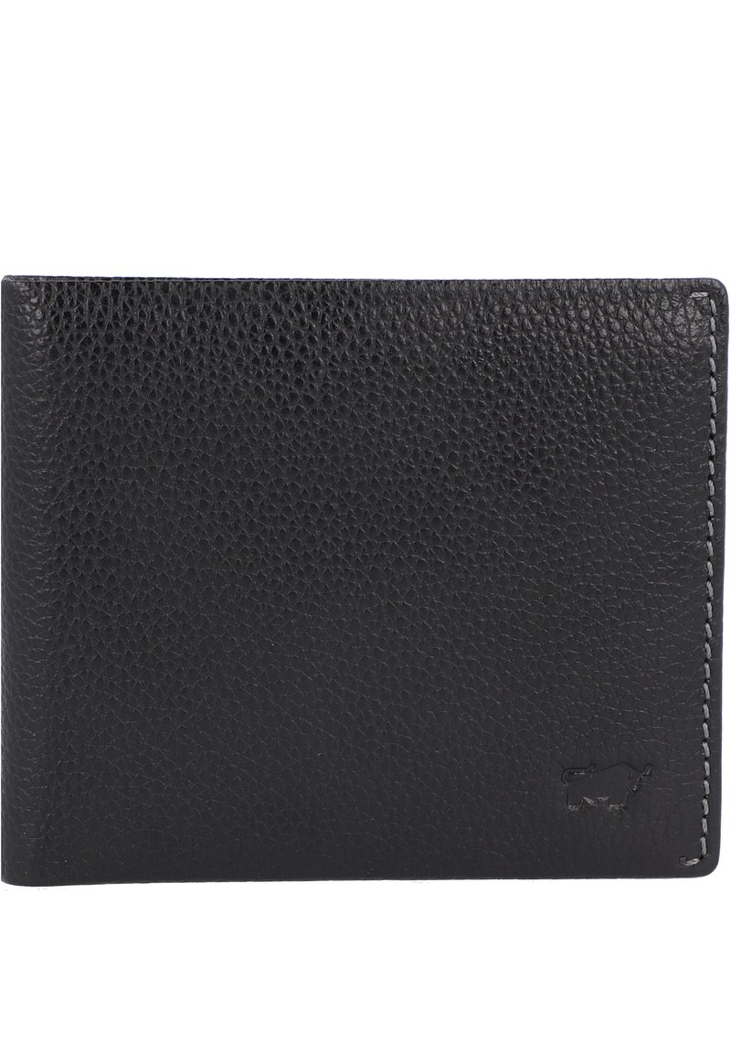 Portafoglio in pelle nera con superficie texurizzata, design minimalista e dettagli in cucitura bianca. Presenta un piccolo logo impresso.