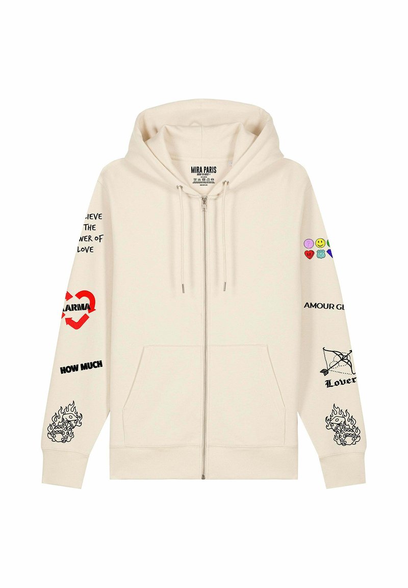 Felpa cremisi con zip presenta design grafici sulle maniche, inclusi cuori, testo e fiamme. Realizzata in tessuto morbido con una vestibilità comoda.