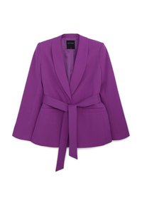 Fioletowa marynarka o dopasowanym kroju, z długimi rękawami, paskiem w talii i dwoma przednimi kieszeniami. Wykonana z gładkiego, sztywnego materiału.