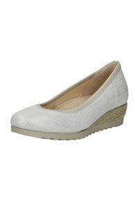 Zapato de cuña blanca con parte superior texturizada, punta redondeada, material sintético y una suela intermedia envuelta en yute. Plantilla acolchada con perforaciones para mayor transpirabilidad.