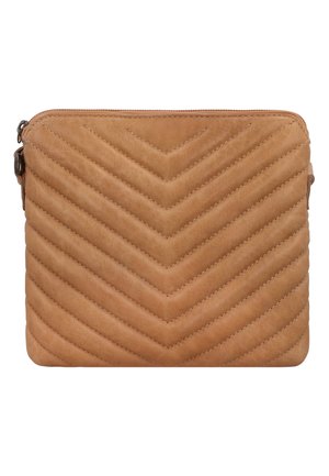 Light brown quilted leather clutch with chevron stitching and a zipper closure along the top edge.