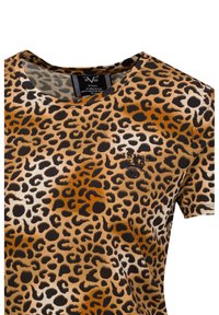 Leopardenmuster Kurzarmhemd mit Rundhalsausschnitt, "19V69 ITALIA" Logo-Stickerei auf der Brust und schwarzem Etikett im Kragen.