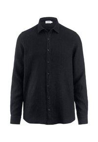 Zwarte linnen shirt met lange mouwen, knoopsluiting, klassieke kraag en een ontspannen pasvorm. De textuur lijkt licht gekreukt voor een casual uitstraling.
