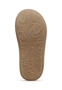 Sole di scarpa in gomma marrone con un motivo testurizzato caratterizzato da disegni circolari e un logo in rilievo. Finitura liscia con bordi arrotondati.