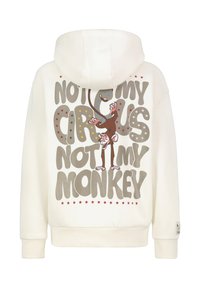 Weißer Hoodie mit einem grafischen Design, das den Text "NICHT MEIN ZIRKUS, NICHT MEIN AFFE", bunte Sterne und eine Cartoon-Affen-Illustration auf dem Rücken zeigt.