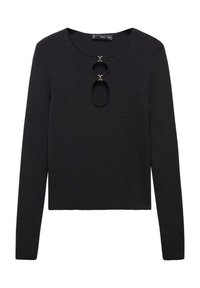 Czarna bluzka z długim rękawem wykonana z dzianinowego materiału. Posiada dekolt z przodu z dwoma okrągłymi metalowymi akcentami. Prosty, dopasowany krój.