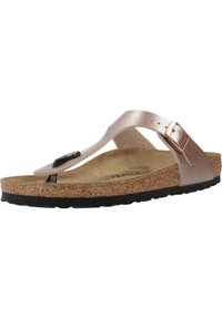 Damen-Tanga-Sandalen mit einer oberen Schicht in metallic Roségold, Korkmittelsohle und schwarzem Gummisohle. Mit verstellbarem Riemen und Schnalle.