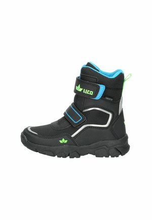 Black and blue high-top children's boot with two velcro straps, green logo accents, and rugged sole for outdoor use.