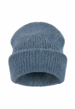 Mjuk, stickad blå ullmössa med en vik på kanten, designad för värme och vinteranvändning.