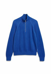 Blauer, gerippter Strickpullover mit hohem Kragen, halbem Reißverschluss und langen Ärmeln. Mit strukturierter Oberfläche und tailliertem Bund.