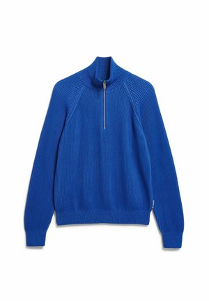 Pull bleu en maille côtelée avec un col montant, une demi-fermeture éclair et des manches longues. Caractérisé par une finition texturée et une taille ajustée.