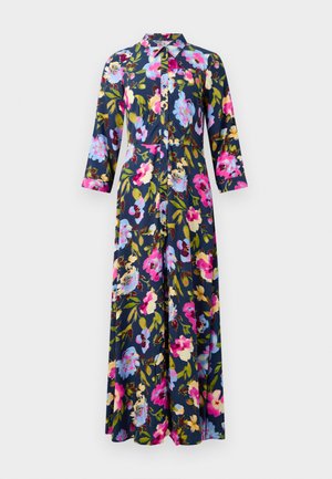 Floral shirt dress featuring a navy background with colorful pink, blue, and yellow flowers, long sleeves, and a button-down front.