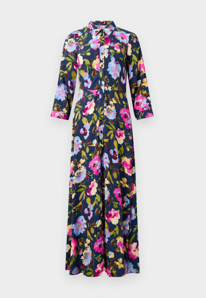 Blumenhemdkleid mit navy-blauem Hintergrund und bunten rosa, blauen und gelben Blumen, langen Ärmeln und einer Knopfverschluss-Front.