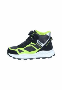 Schwarz-grüner High-Top-Sportschuh mit strukturierter Oberseite, rundem Verschlussmechanismus und weißer Gummisohle mit Grip-Mustern.