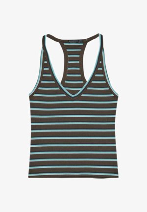 Ärmelloses Racerback-Top mit horizontalen braunen, hellblauen und grauen Streifen und V-Ausschnitt.