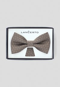 Brązowy krawat w kropki z geometrycznym wzorem, zaprezentowany w czarnym pudełku z nazwą marki "Lancerto" na wieczku.