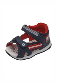 Sandalo blu navy realizzato in materiale testurizzato, con dettagli rossi, cinturini regolabili e una suola bianca con un motivo.