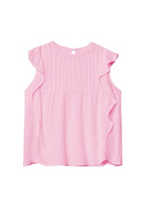 Haut sans manches rose avec des bords volants, présentant un panneau texturé sur le devant et une fermeture en goutte d'eau à l'arrière. Tissu doux.