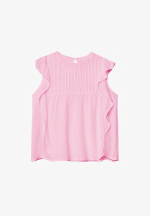 Top senza maniche rosa con bordi arricciati, dotato di un pannello testurizzato nella parte anteriore e di una chiusura a occhiello sul retro. Tessuto morbido.