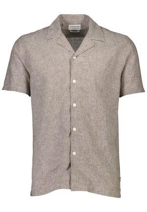 Camicia in lino a maniche corte di colore marrone chiaro con finitura testurizzata, caratterizzata da un colletto a punta e chiusura con bottoni frontali.