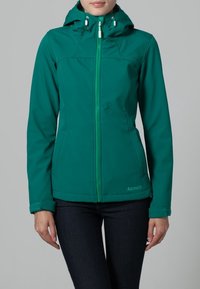 Tealfärgad zip-jacka med huva, tillverkad av ett slätt, stretchigt material och vita dragkedjesdetaljer. Skräddarsydd passform med sidofickor.