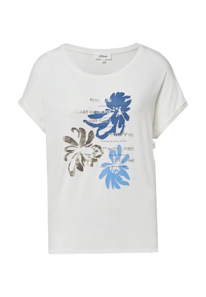 Biała koszulka z krótkim rękawem, ozdobiona niebieskimi i złotymi kwiatowymi wzorami oraz inspirującymi hasłami takimi jak "CZYSTA SZCZĘŚCIE" i "HARMONIA SERCA" na froncie.
