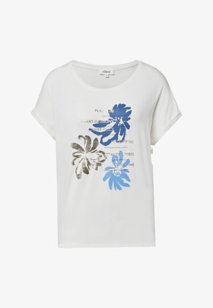 Biała koszulka z krótkim rękawem, ozdobiona niebieskimi i złotymi kwiatowymi wzorami oraz inspirującymi hasłami takimi jak "CZYSTA SZCZĘŚCIE" i "HARMONIA SERCA" na froncie.