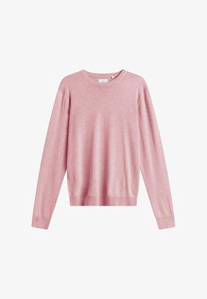 Pull à manches longues rose clair avec col rond, poignets et ourlet côtelés, en tissu tricoté doux.