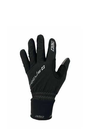Guanti neri realizzati in materiale flessibile con superficie texture, con cuciture grigie e loghi. L'area del polso è sagomata per il comfort.